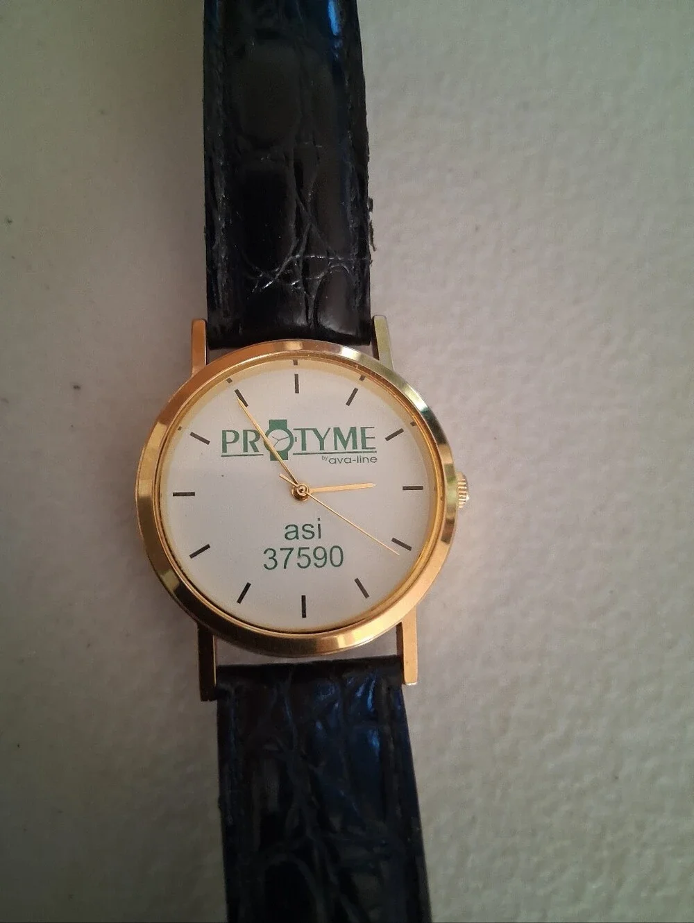 Pro Tyme Branded Gold-Tone Watch with Black Leather Strap